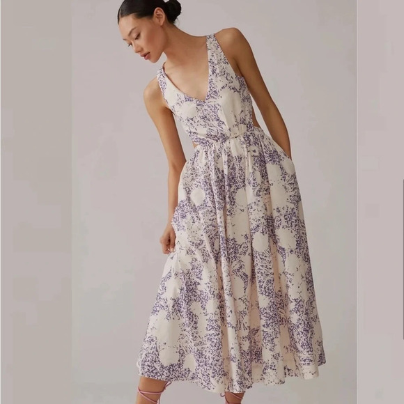 Anthropologie Aureta Studio Side Cutout ivory lavender Midi Dress Size X-Large - Picture 4 of 9